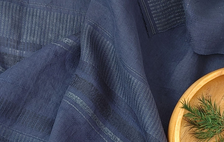 100% Linen Blend Jacquard Fabric with Navy Horizontal Stripes and Unique Weaving Structure 4883 - The Linen Lab - Navy