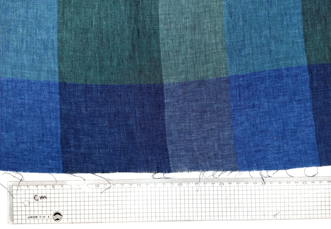 100% Linen Blue and Green Big Plaid Fabric Light Weight 6921 - The Linen Lab - Blue