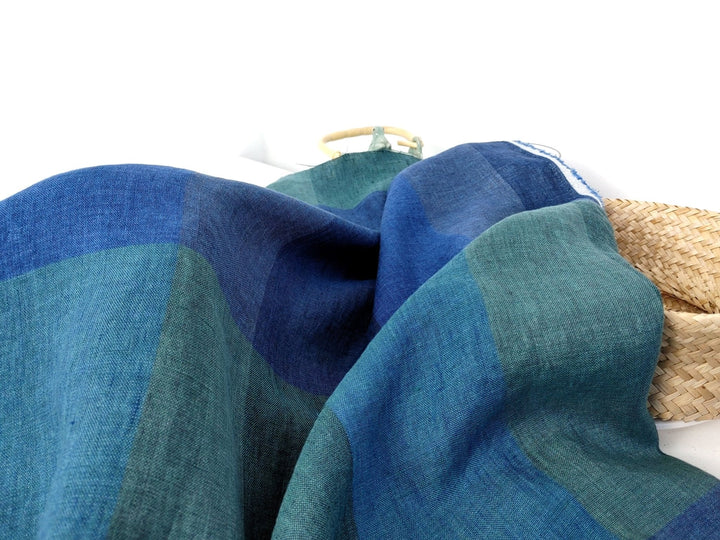100% Linen Blue and Green Big Plaid Fabric Light Weight 6921 - The Linen Lab - Blue