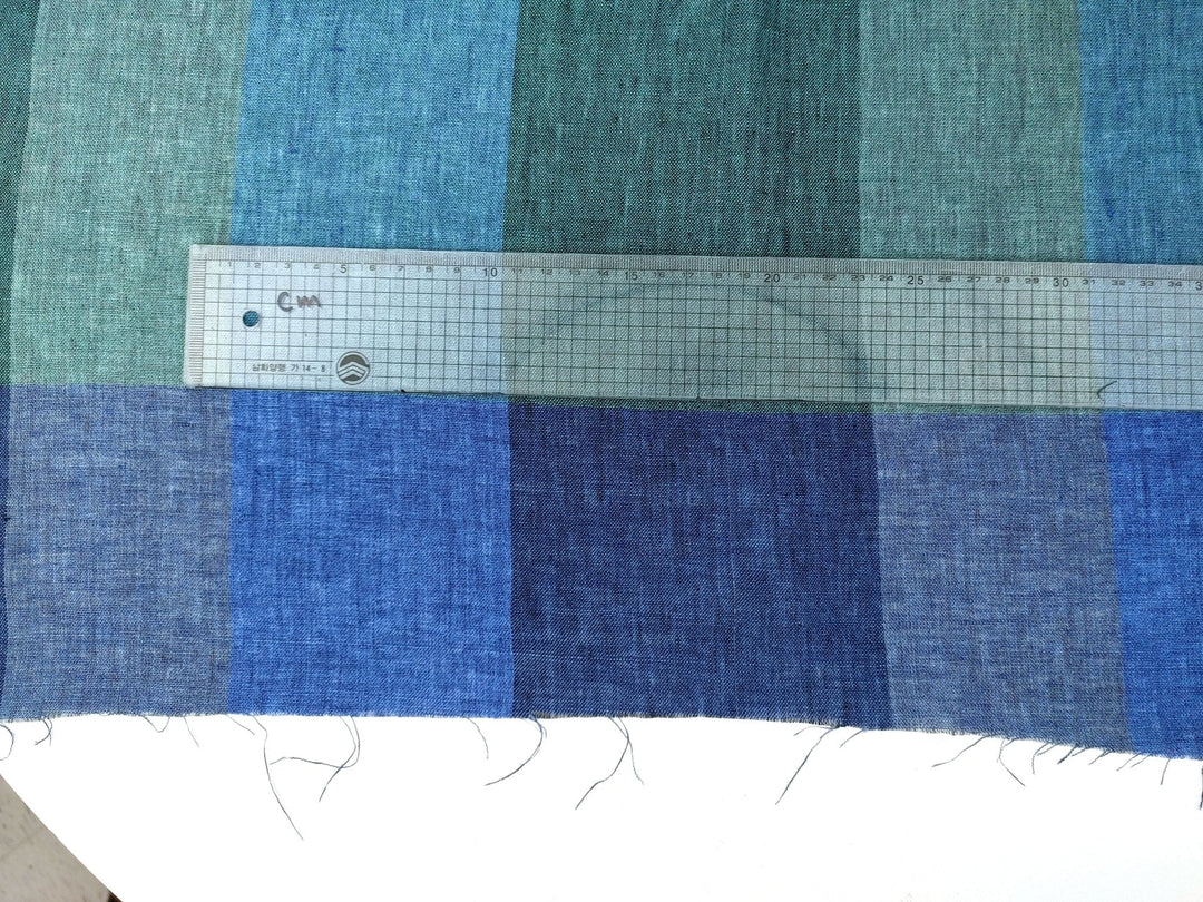 100% Linen Blue and Green Big Plaid Fabric Light Weight 6921 - The Linen Lab - Blue