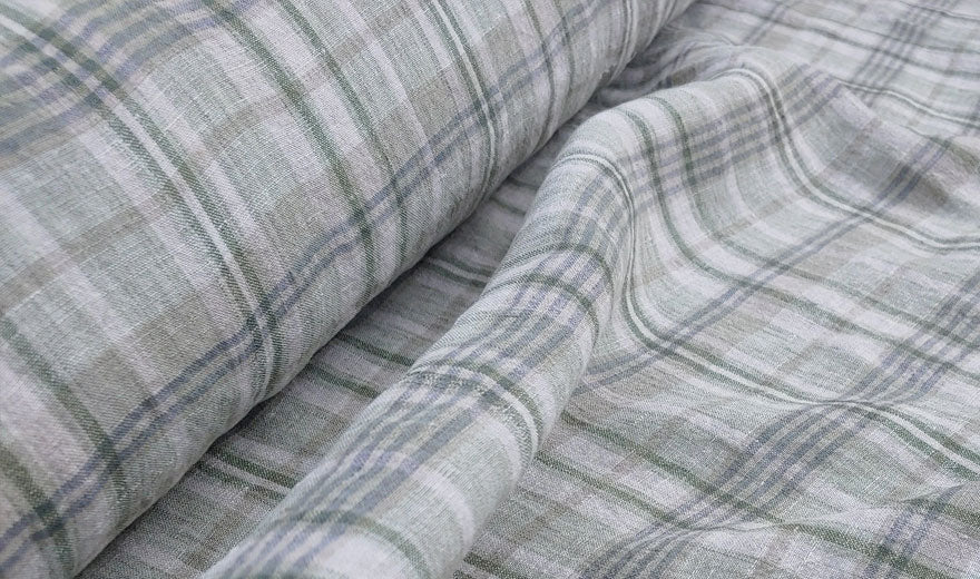 100% Linen Fabric Madras Plaid Light Weight (7022 7023 7024 6709 6710) - The Linen Lab - Light Green & Light Grey