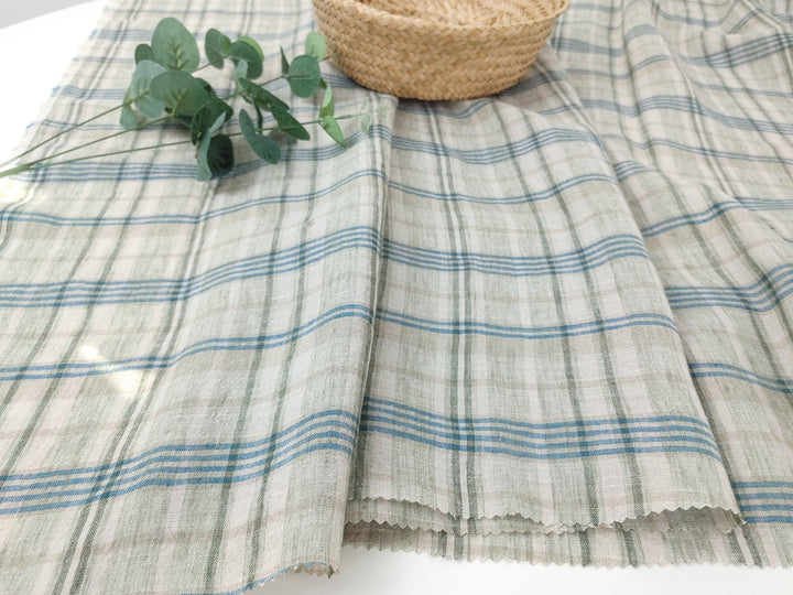 100% Linen Fabric Madras Plaid Light Weight (7022 7023 7024 6709 6710 6711) - The Linen Lab - Greenish Blue