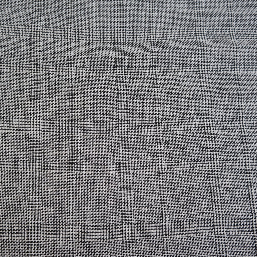 100% Linen Fabric Natural Black Windowpane Plaid Twill Medium Weight - The Linen Lab - Grey