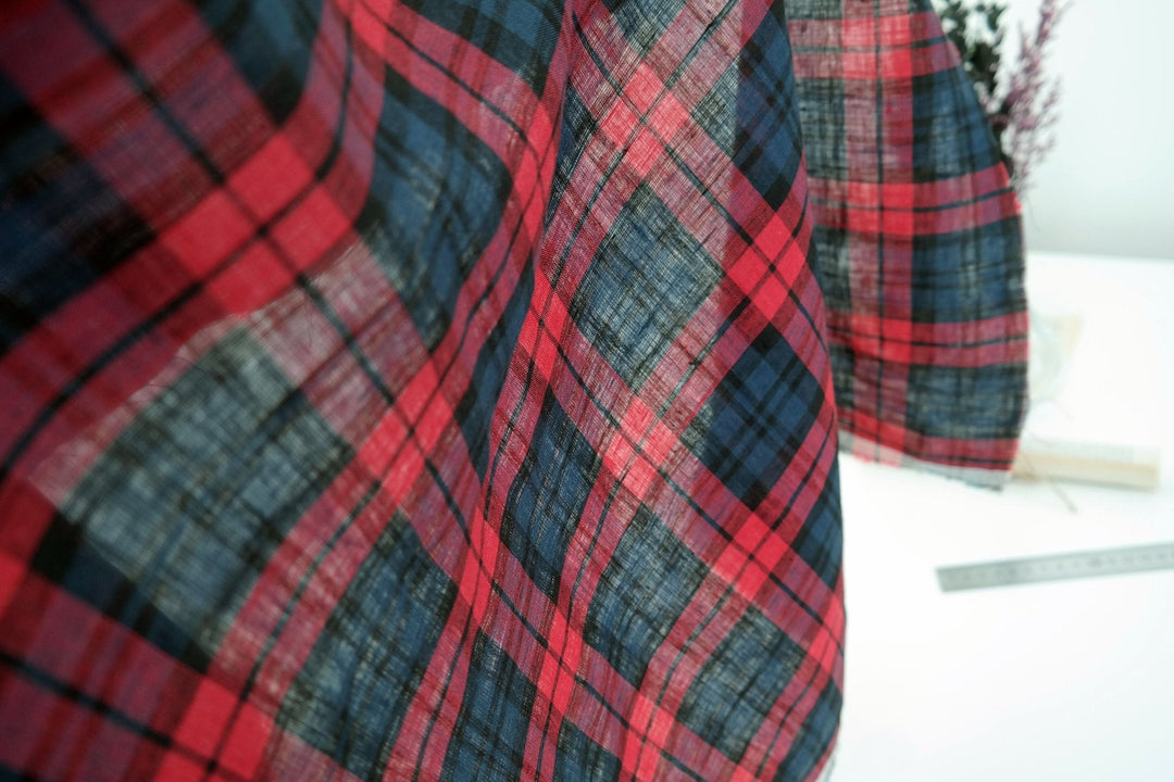 100% Linen Fabric Red Madras Plaid Check Light Weight 7289 - The Linen Lab - Red check 7289