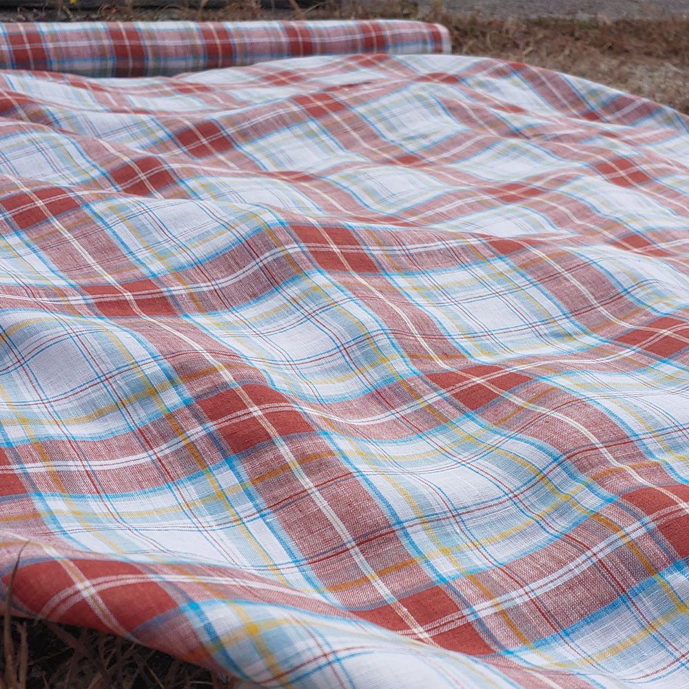 100% Linen Fabric Red Tartan Plaid Light Weight (6348) - The Linen Lab - Red