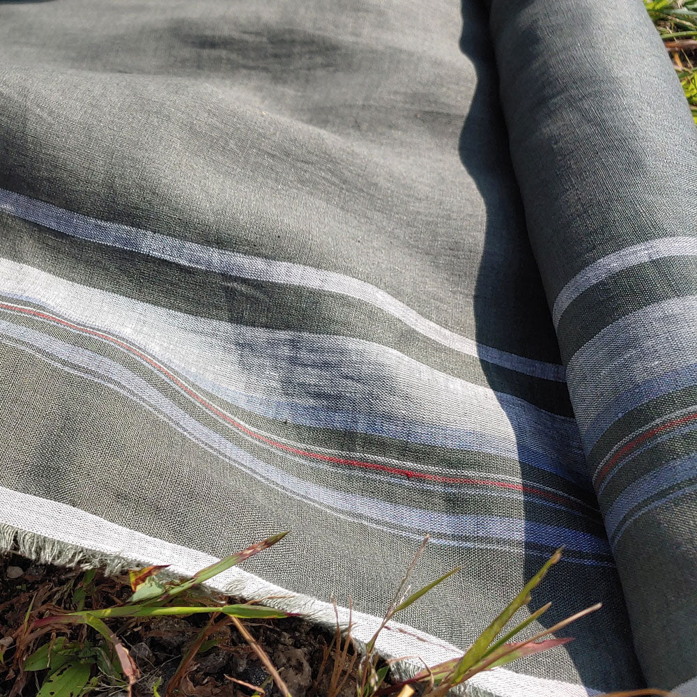 100% Linen Fabric Side Stripe Fabric Light Weight (6349) - The Linen Lab - Green