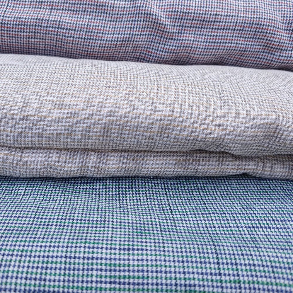 100% Linen Fabric small starcheck light weight  - The Linen Lab - 7030 mustard & green