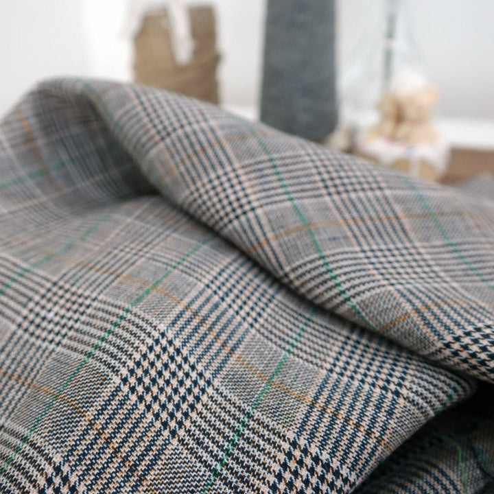 100% Linen Fabric Twill Multi Color Houndstooth Glen Plaid Medium Weight (6416) - The Linen Lab - Multi Colors
