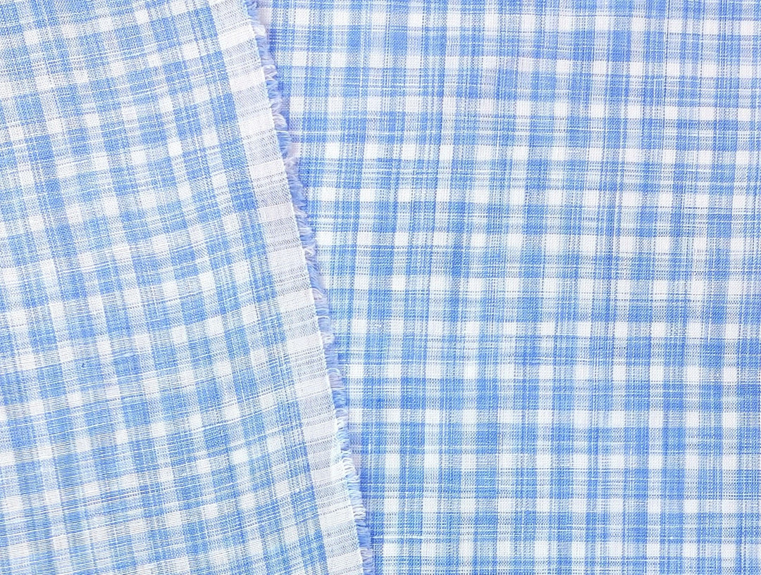 100% Linen Gingham Check Fabric in Space-Dyed Blue Yarn 7297 - The Linen Lab - Blue
