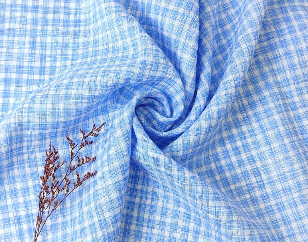 100% Linen Gingham Check Fabric in Space-Dyed Blue Yarn 7297 - The Linen Lab - Blue