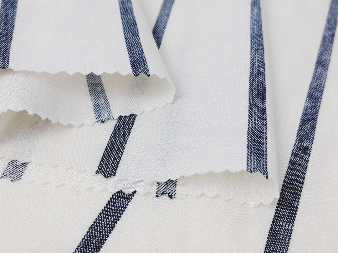 100% Linen HBT Fabric with White Base and Navy Stripe Pattern 4860 - The Linen Lab - Navy