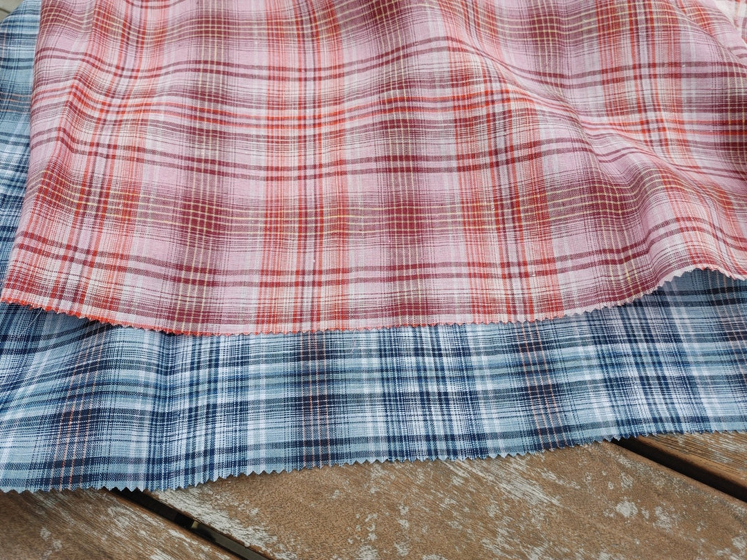 100% Linen Light Weight Madras Plaid Fabric 7608 7609 - The Linen Lab - Blue(Dark)
