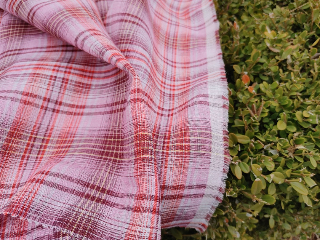 100% Linen Light Weight Madras Plaid Fabric 7608 7609 - The Linen Lab - Pink