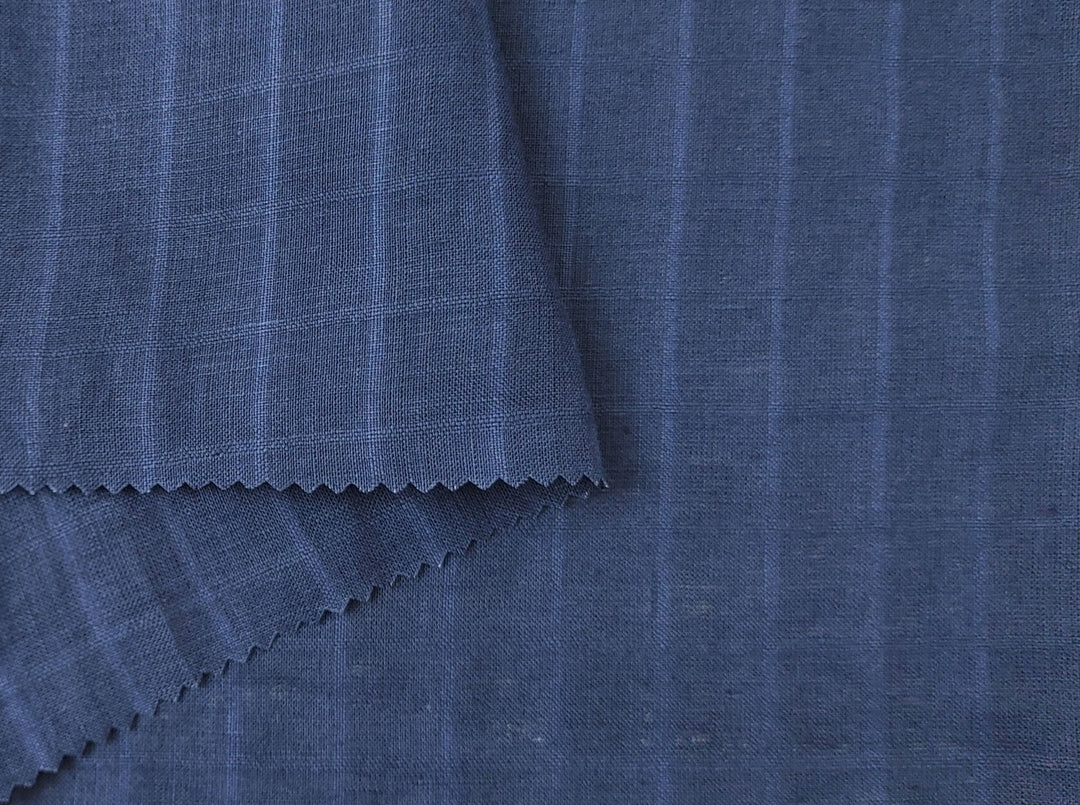 100% Linen Navy Color Fabric with Subtle Windowpane 4743 - The Linen Lab - Navy