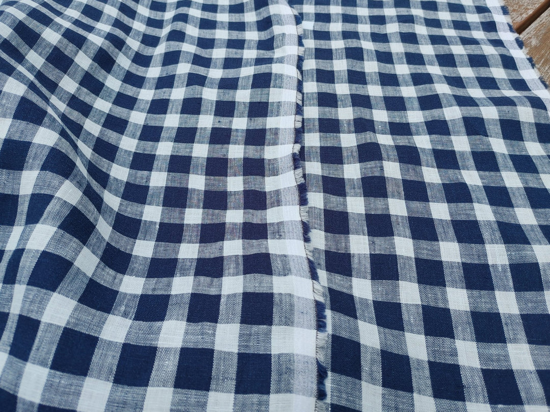 100% Linen Navy Modified Gingham Check Fabric – Lightweight and Timelessly Chic 4407 - The Linen Lab - Navy