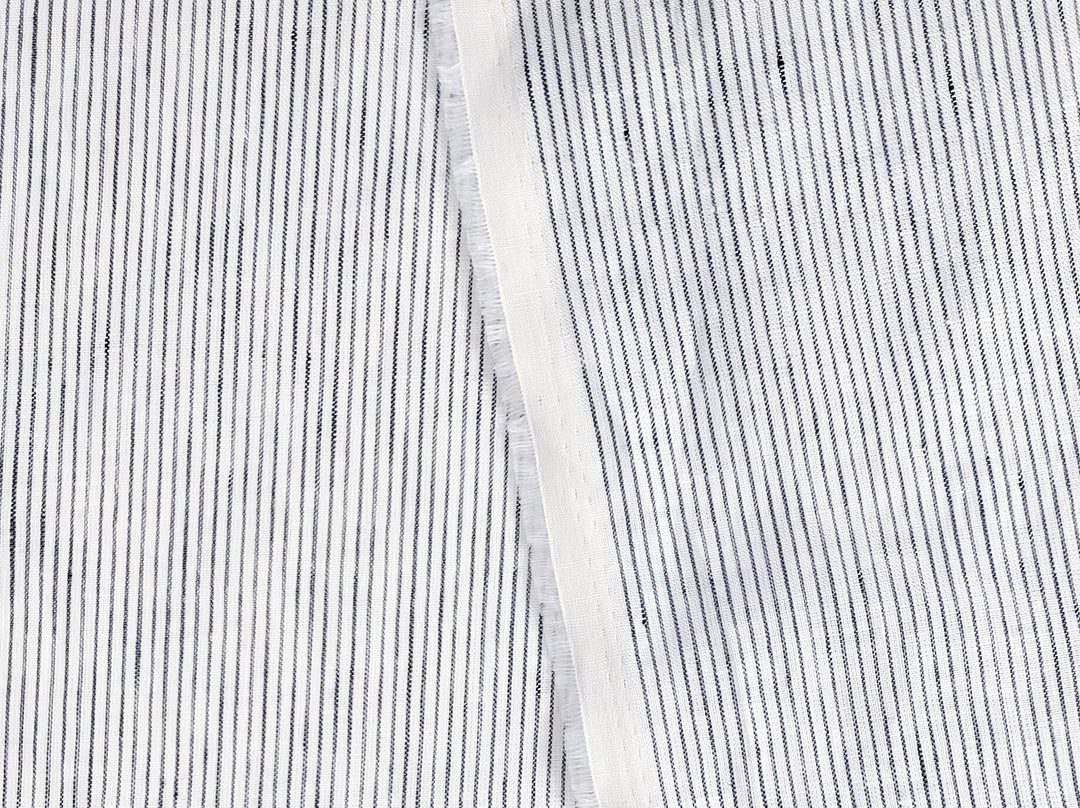 100% Linen Navy Striped White Fabric – Light and Timeless 7853 - The Linen Lab - Navy