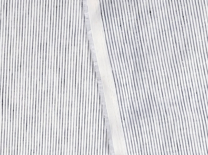 100% Linen Navy Striped White Fabric – Light and Timeless 7853 - The Linen Lab - Navy