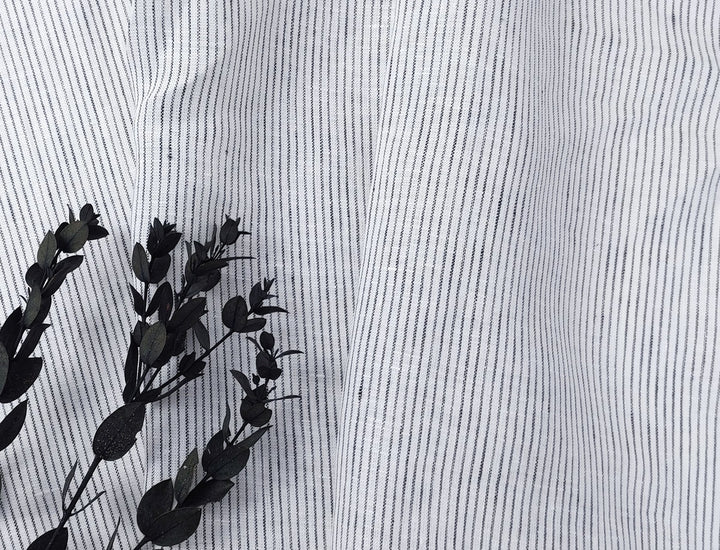 100% Linen Navy Striped White Fabric – Light and Timeless 7853 - The Linen Lab - Navy