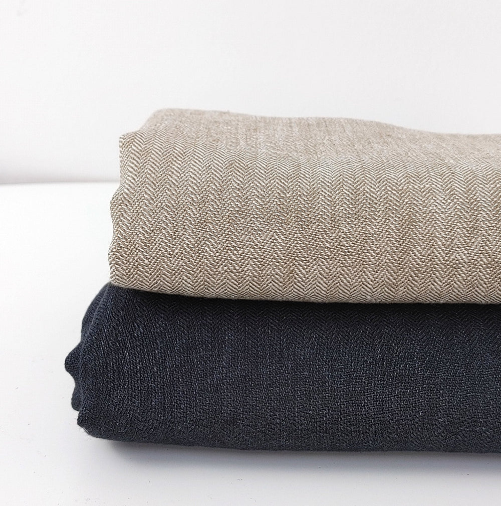100% Linen Small Herringbone Twill Fabric HBT Chambray 7309 7605 - The Linen Lab - Beige
