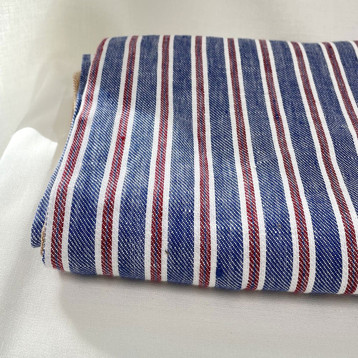 100% Linen Twill Stripe Fabric 14s 40lea (6545) - The Linen Lab - 6545 Blue