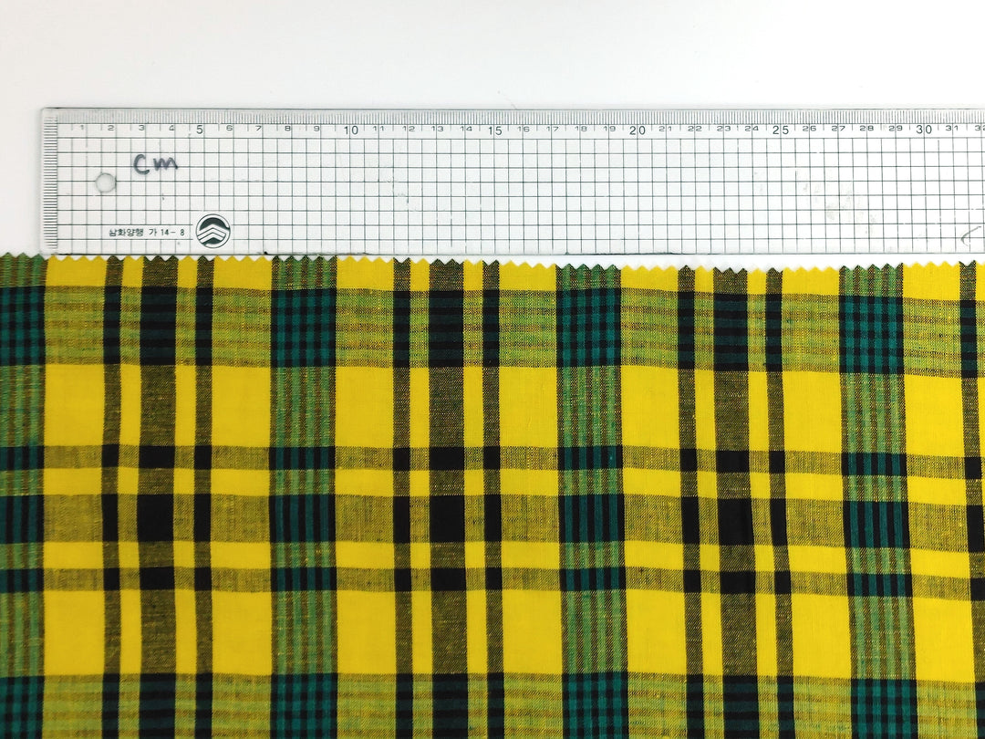 Sunny Fields: Yellow, Black and Green Linen Cotton Plaid Fabric 6619