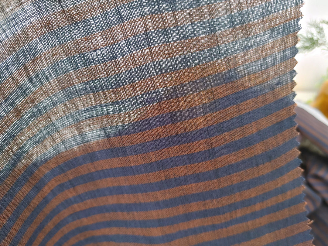 Classic brown and navy striped fabric 100% linen 7918