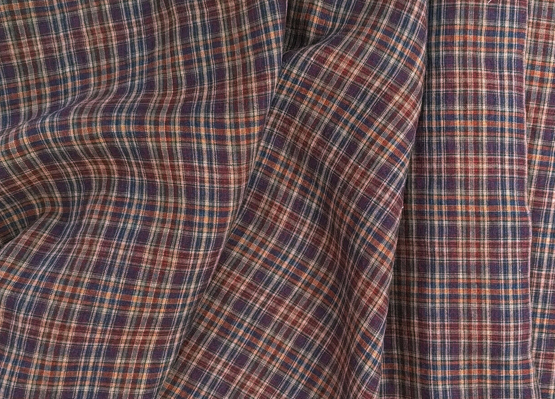 Deep Red Plaid Linen – 100% Linen Fabric, Medium Weight 7082
