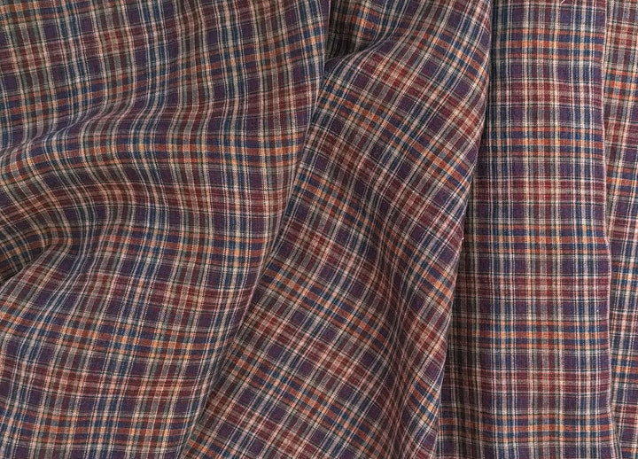 Deep Red Plaid Linen – 100% Linen Fabric, Medium Weight 7082