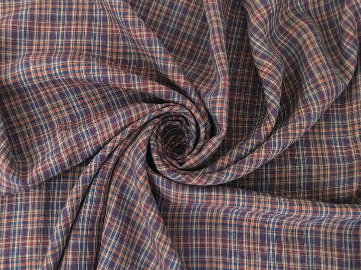 Deep Red Plaid Linen – 100% Linen Fabric, Medium Weight 7082