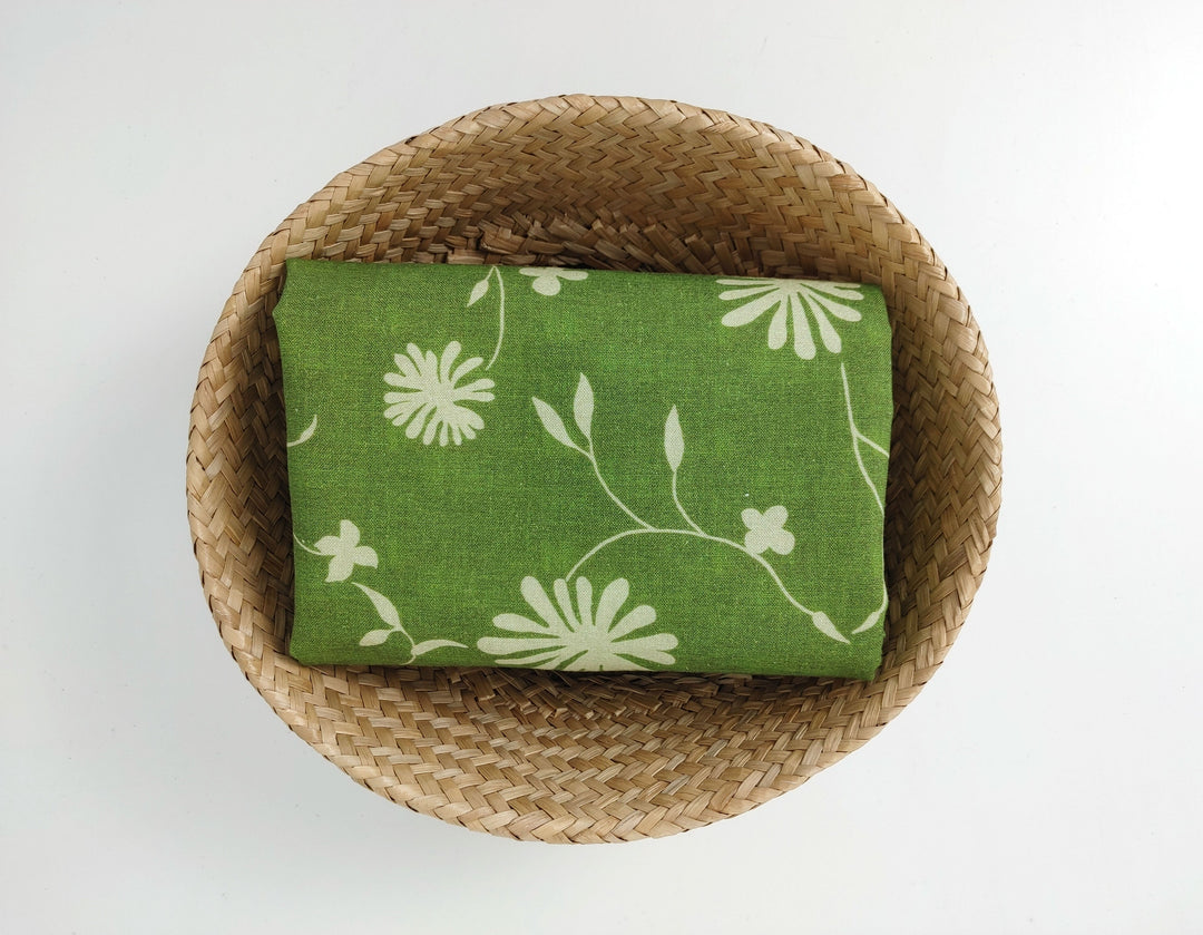 Green Leaf Print Cotton-Ramie Blend Fabric 8021