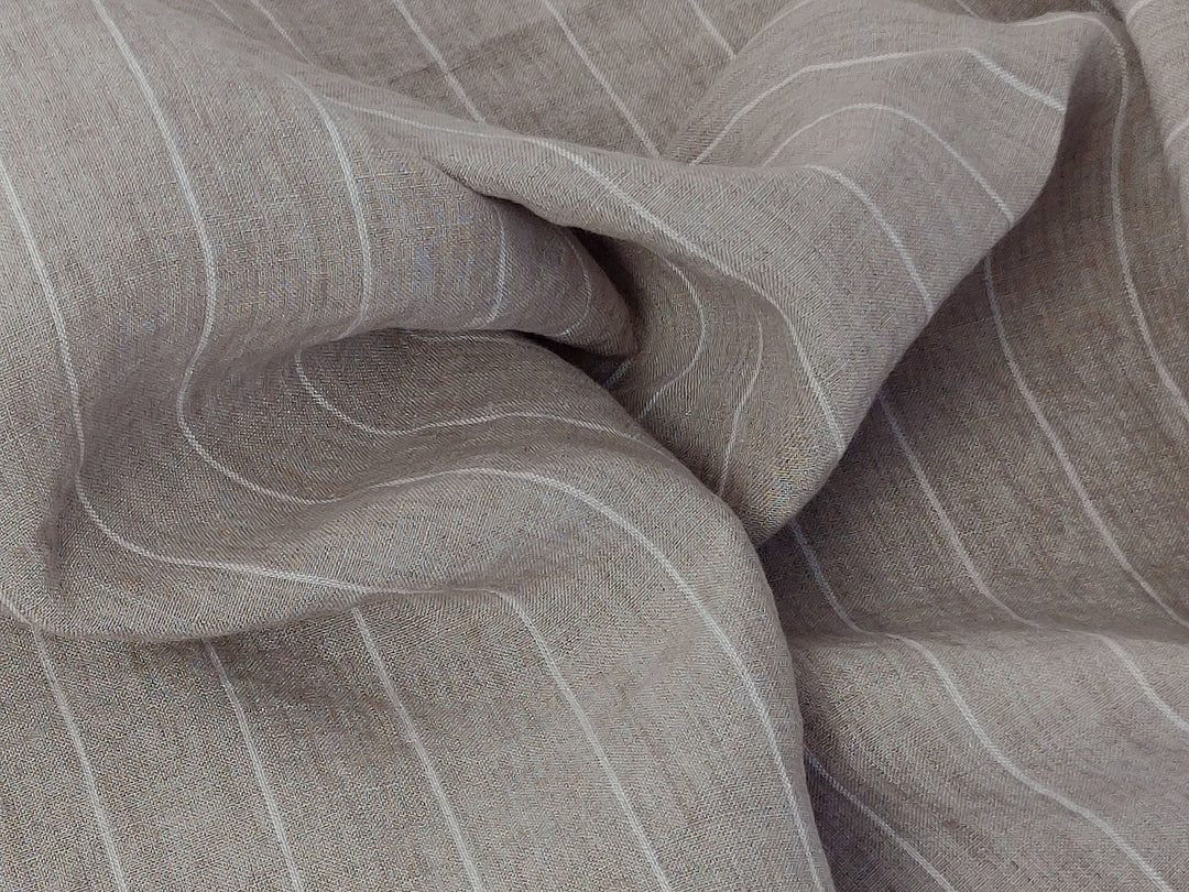 100% Linen Fabric - Natural with White Pin Stripes, Medium Weight, Soft Touch 7975