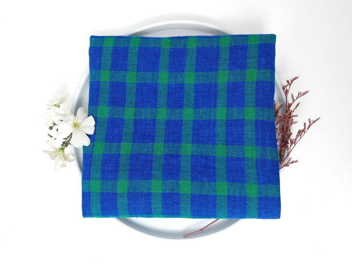 100% Linen Blue-Green Gingham Check Fabric – Vintage Delave Dyed 7567