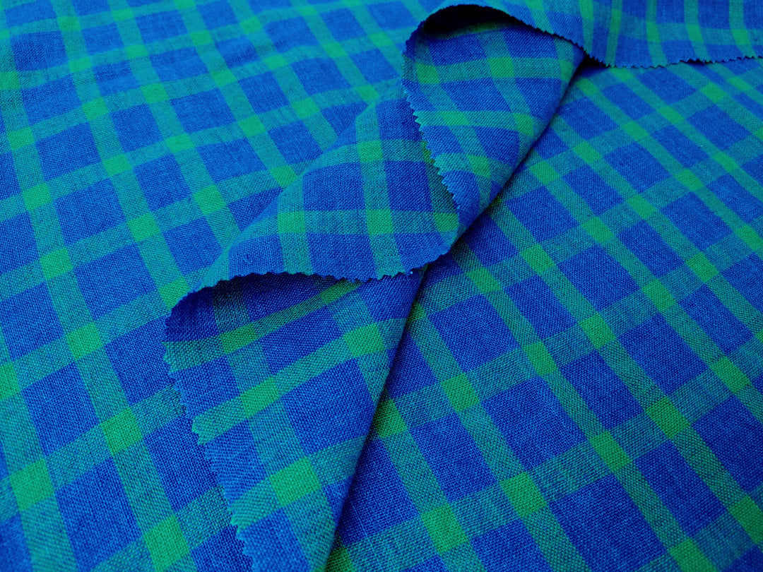 100% Linen Blue-Green Gingham Check Fabric – Vintage Delave Dyed 7567