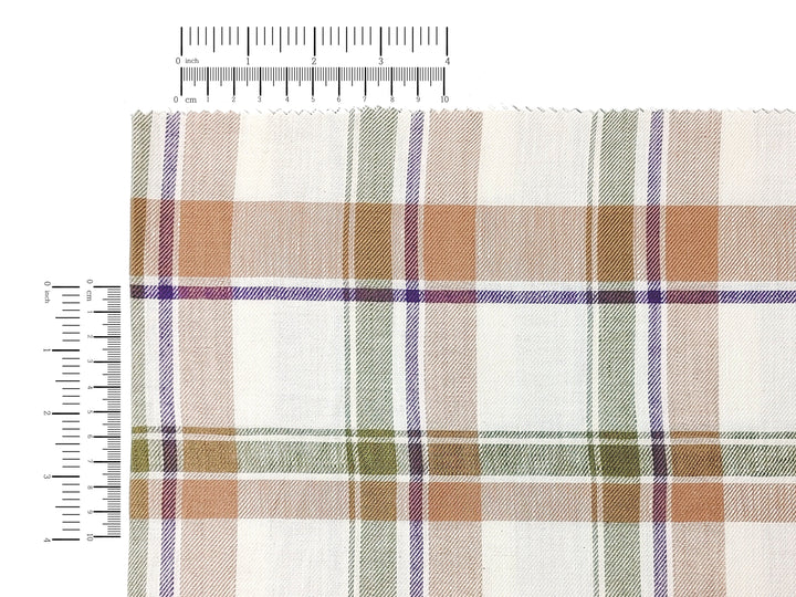 Linen-Cotton Beige Tartan Plaid Fabric, Twill Weave, Soft Finish, 4215