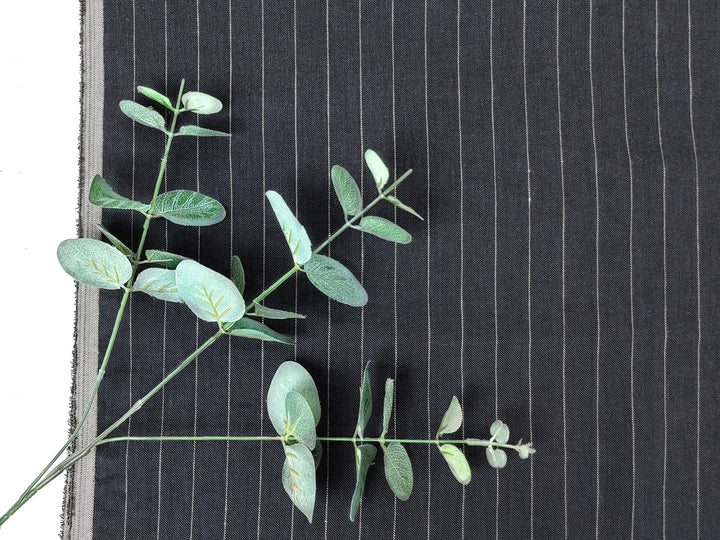 Dark Grey Linen Blend Twill with Stretch Effect and Beige Pinstripe 7815