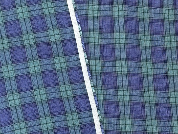 100% Linen Fabric – Modern Tartan Plaid in Navy & Green | Soft & Pre-Washed 7274