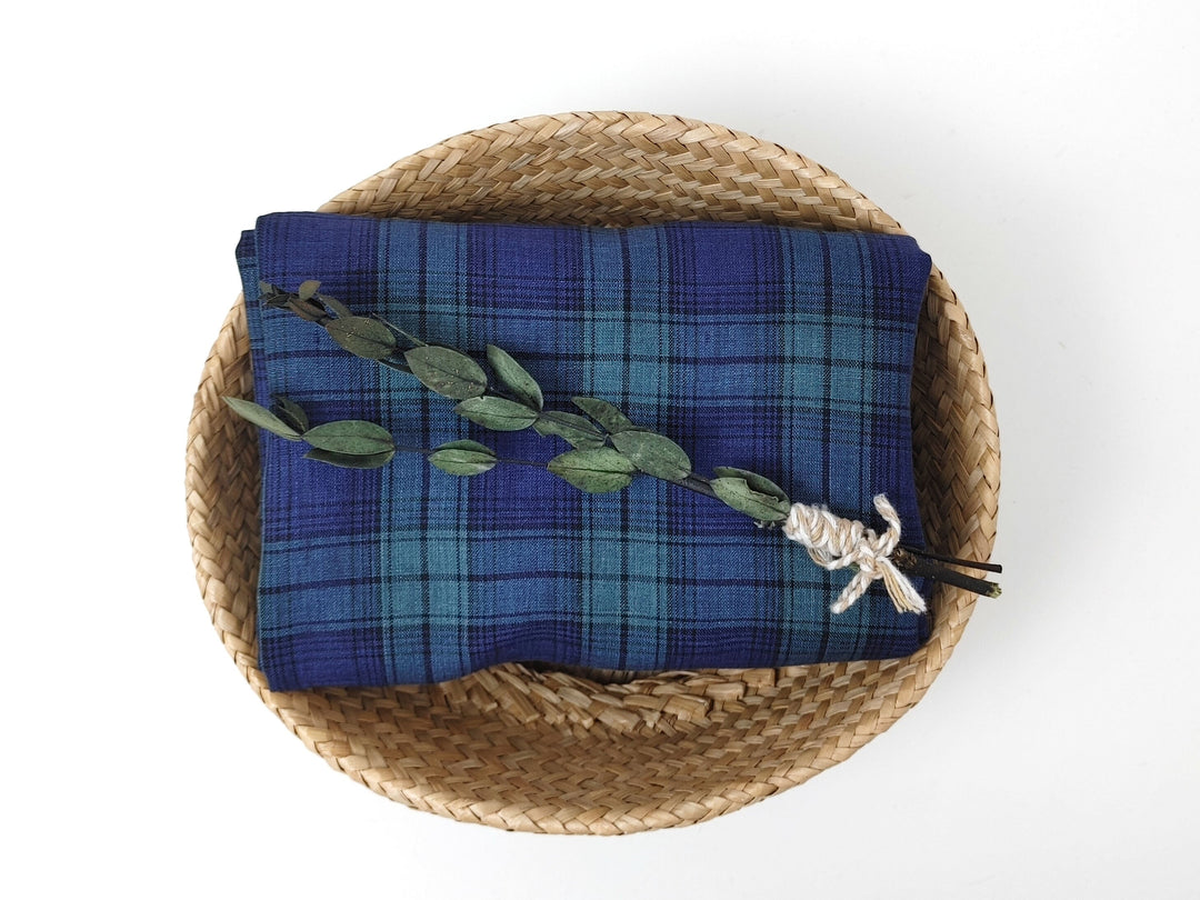100% Linen Fabric – Modern Tartan Plaid in Navy & Green | Soft & Pre-Washed 7274