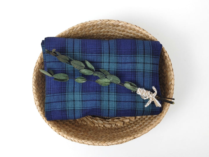 100% Linen Fabric – Modern Tartan Plaid in Navy & Green | Soft & Pre-Washed 7274