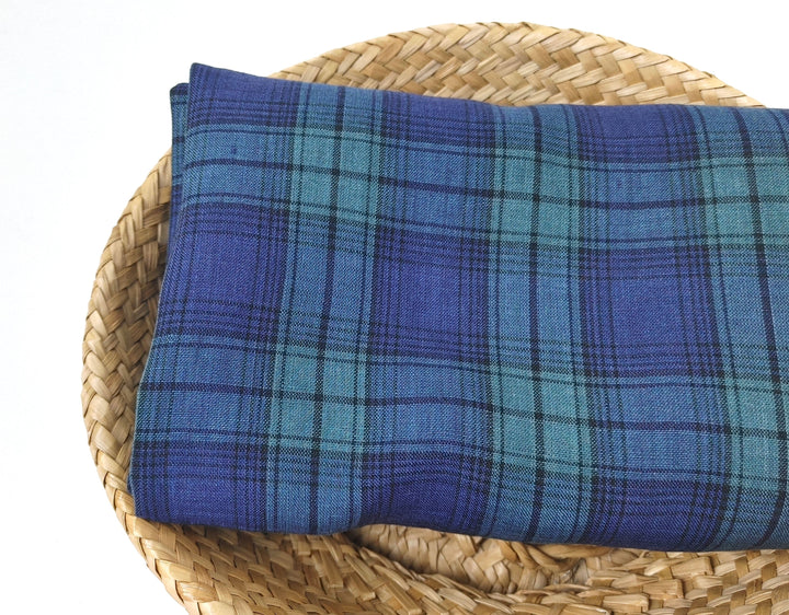 100% Linen Fabric – Modern Tartan Plaid in Navy & Green | Soft & Pre-Washed 7274