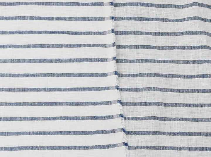 100% Linen Fabric – White Base with Horizontal Navy Stripes, Lightweight & Soft 4597