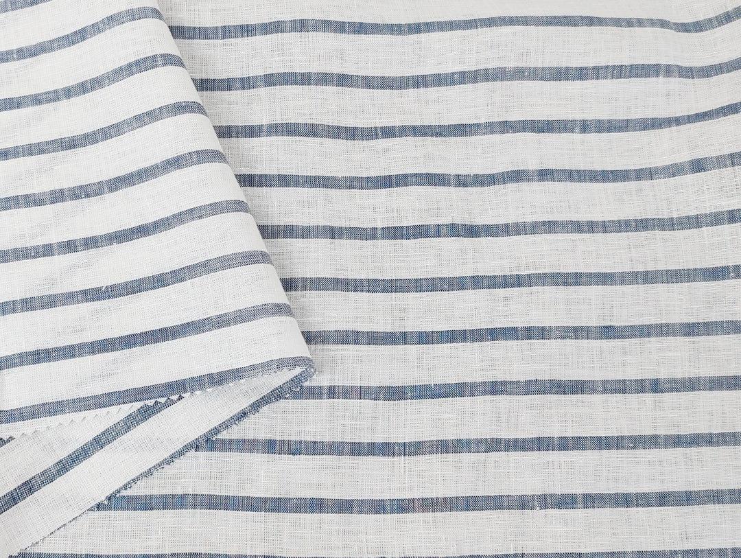 100% Linen Fabric – White Base with Horizontal Navy Stripes, Lightweight & Soft 4597