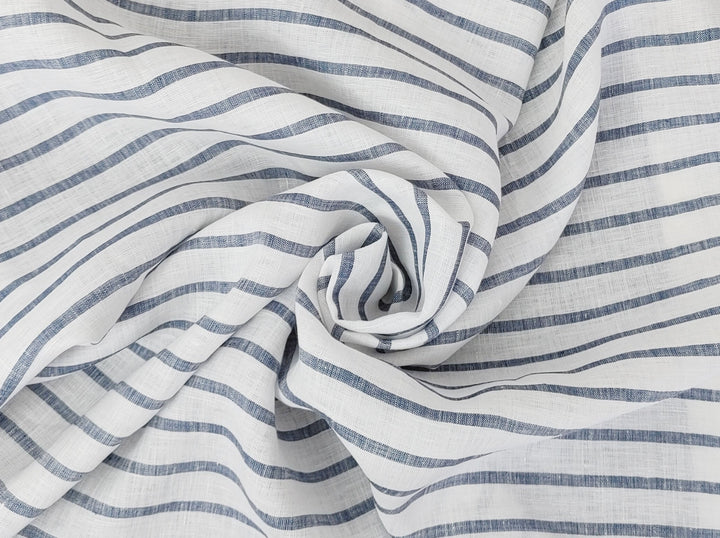 100% Linen Fabric – White Base with Horizontal Navy Stripes, Lightweight & Soft 4597