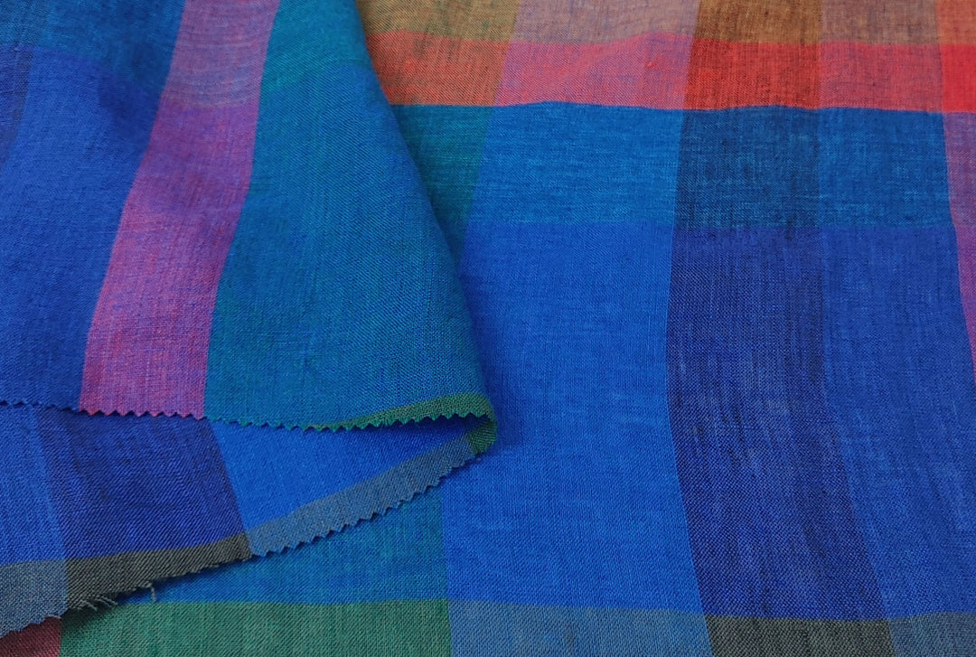 100% Linen Multi Color Big Plaid Fabric Light Weight 7167