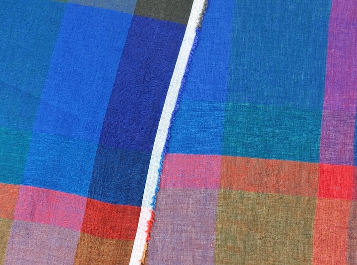 100% Linen Multi Color Big Plaid Fabric Light Weight 7167