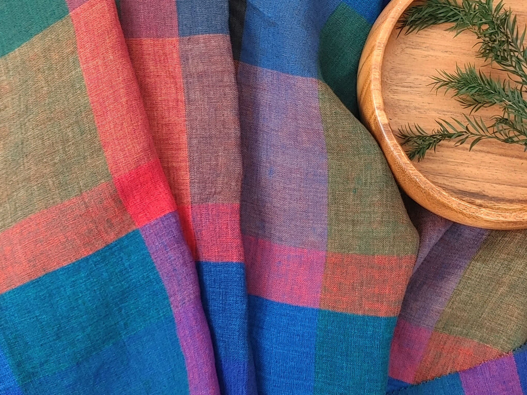 100% Linen Multi Color Big Plaid Fabric Light Weight 7167