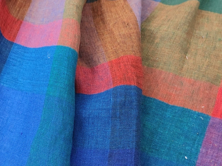 100% Linen Multi Color Big Plaid Fabric Light Weight 7167