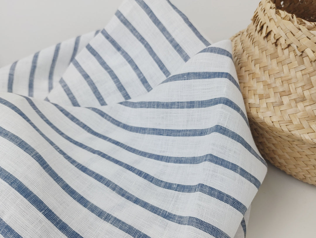 100% Linen Fabric – White Base with Horizontal Navy Stripes, Lightweight & Soft 4597