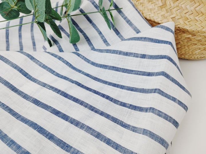 100% Linen Fabric – White Base with Horizontal Navy Stripes, Lightweight & Soft 4597