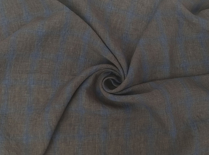 100% Linen Fabric – Naturally Faded Blue Plaid on Earthy Brown 8045