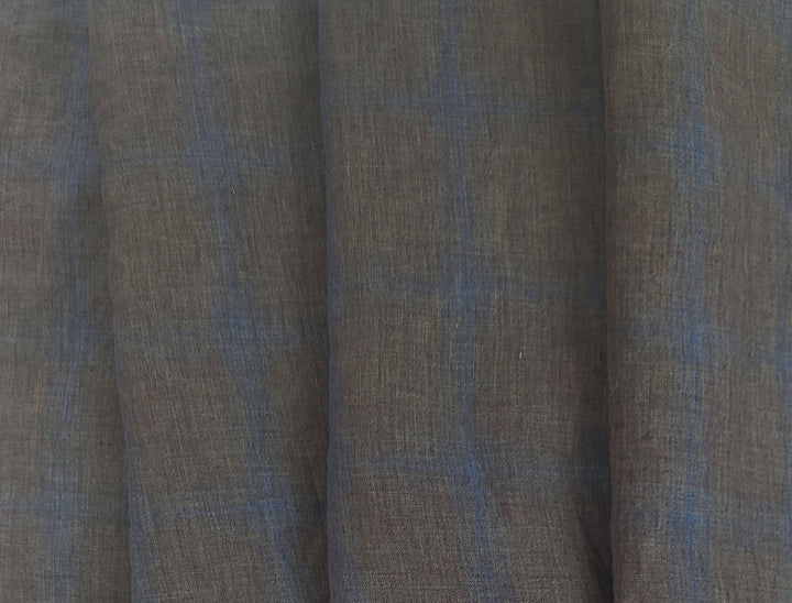 100% Linen Fabric – Naturally Faded Blue Plaid on Earthy Brown 8045